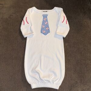 Mud Pie White Infant Newborn Gown with Blue Stripe Tie & Red Baseball Stitching